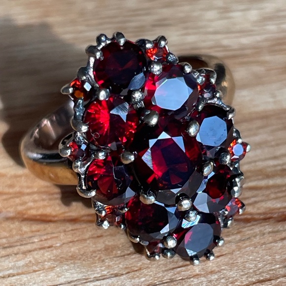 Jewelry - Garnet Ring & Bracelet Set - Vintage 1990's - Sterling Silver Washed Gold Sz 8